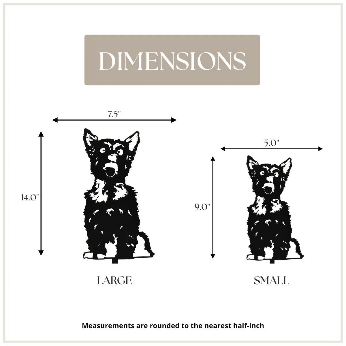 Dimensions of Yorkshire Terrier metal wall art, showing large (14") and small (9") silhouettes in black.