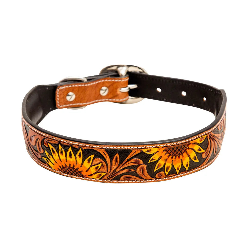 Hand-tooled leather dog collar featuring a vibrant sunflower pattern in orange and black, designed for everyday wear.
