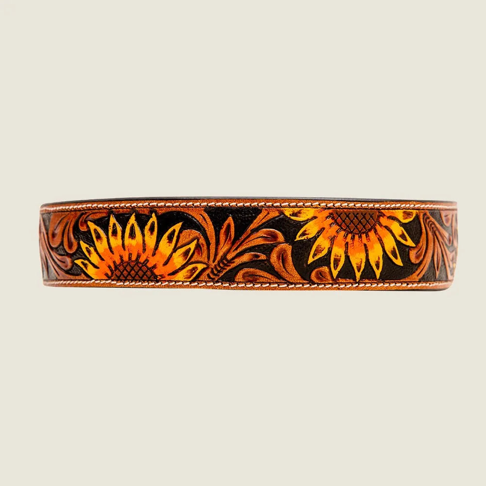Hand-tooled leather dog collar featuring a vibrant sunflower pattern in yellow and orange. Perfect for stylish walks.