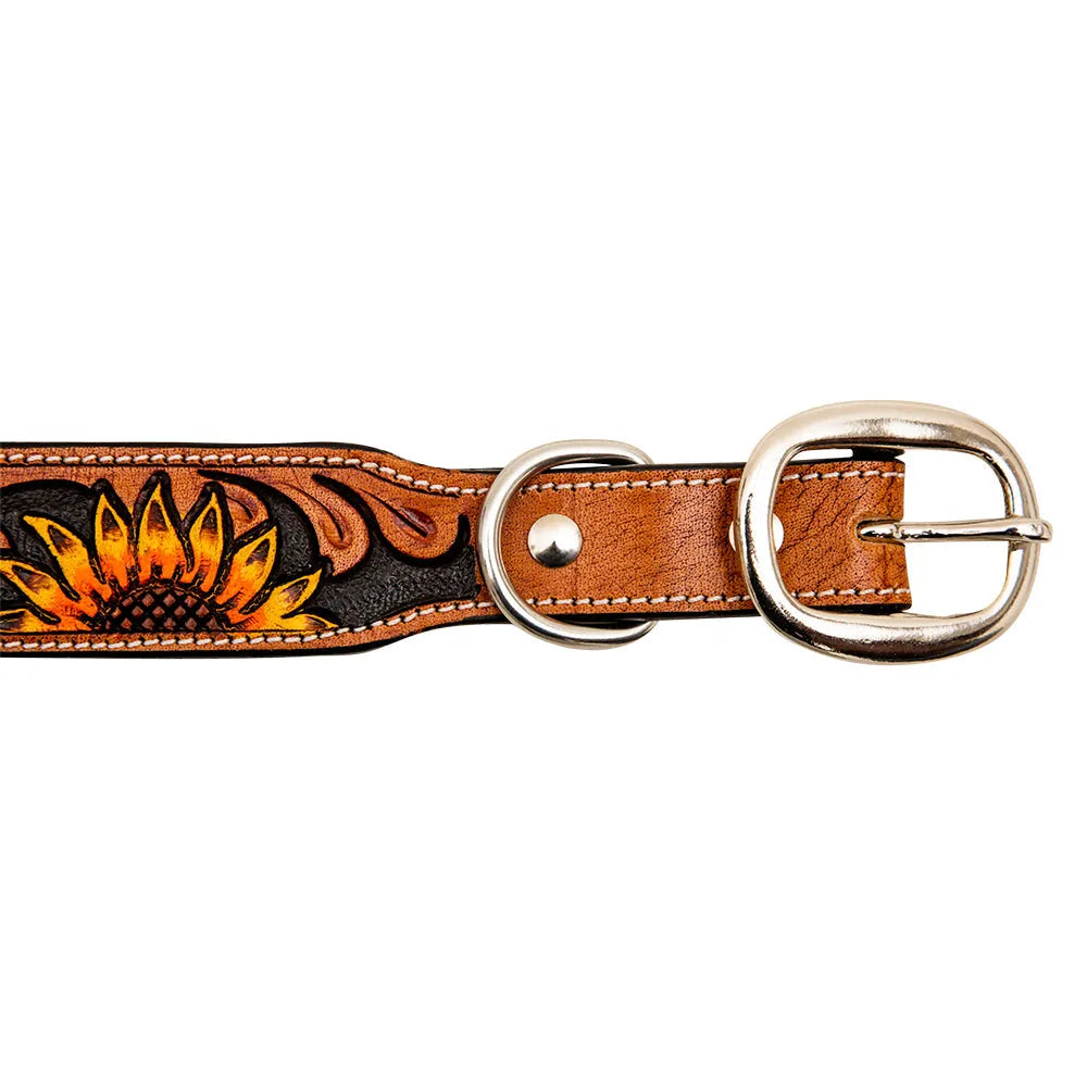 Hand-tooled leather dog collar featuring a vibrant sunflower design with a silver buckle, ideal for daily walks.