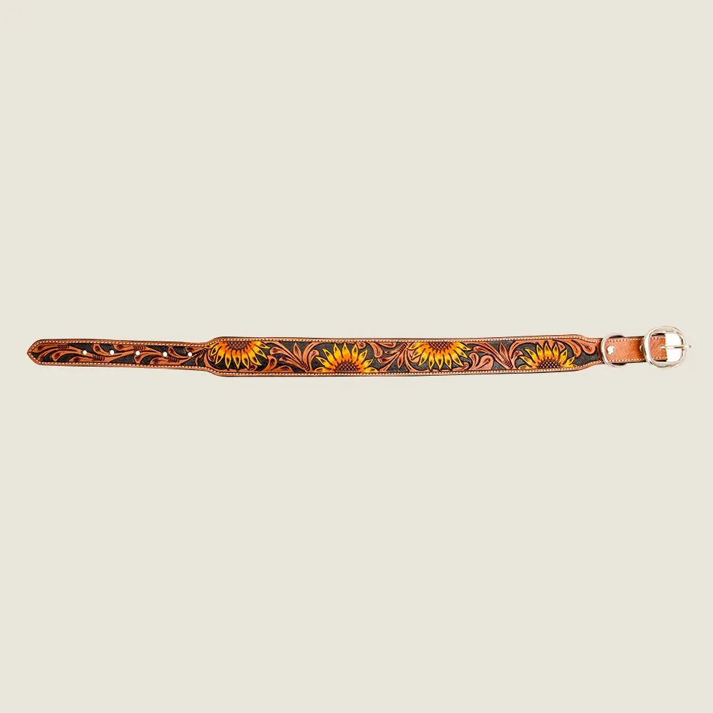 Hand-tooled leather dog collar featuring a vibrant sunflower pattern in orange and black, designed for stylish pet walking.